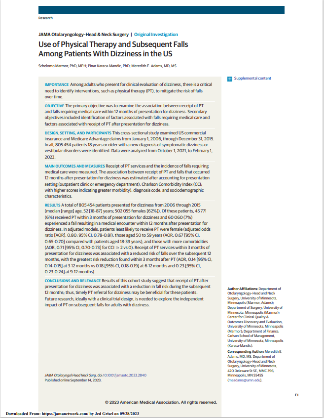Use of Physical Therapy and Subsequent Falls Among Patients With Dizziness in the US